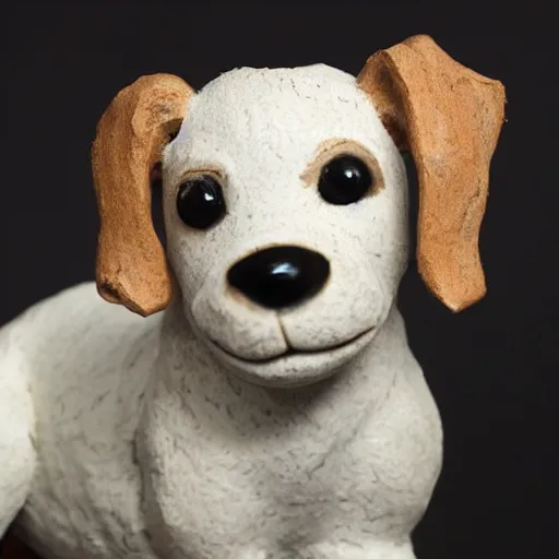 Prompt: a high quality sculpture of a very cute scruffy wire haired jack russell terrier puppy, white with chocolate brown spots, brown patches over both eyes. friendly, curious expression