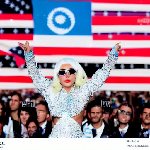 Image similar to Lady Gaga as president, Argentina presidential rally, Argentine flags behind, bokeh, giving a speech, detailed face, Argentina