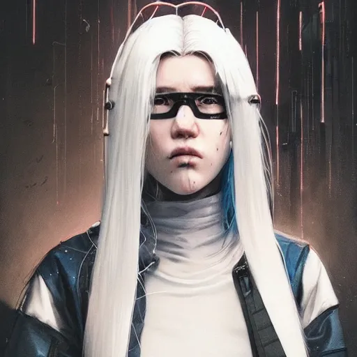 Image similar to very cool girl white hair girl with mask, streetwear, techwear, cyberpunk style outfit, full body, nose piercing, detailed portrait, intricate complexity, by greg rutkowski, cushart krentz, artgerm, ross tran, conrad roset, takato yomamoto, ilya kuvshinov. 4 k, beautiful, cinematic dramatic atmosphere, portrait lighting