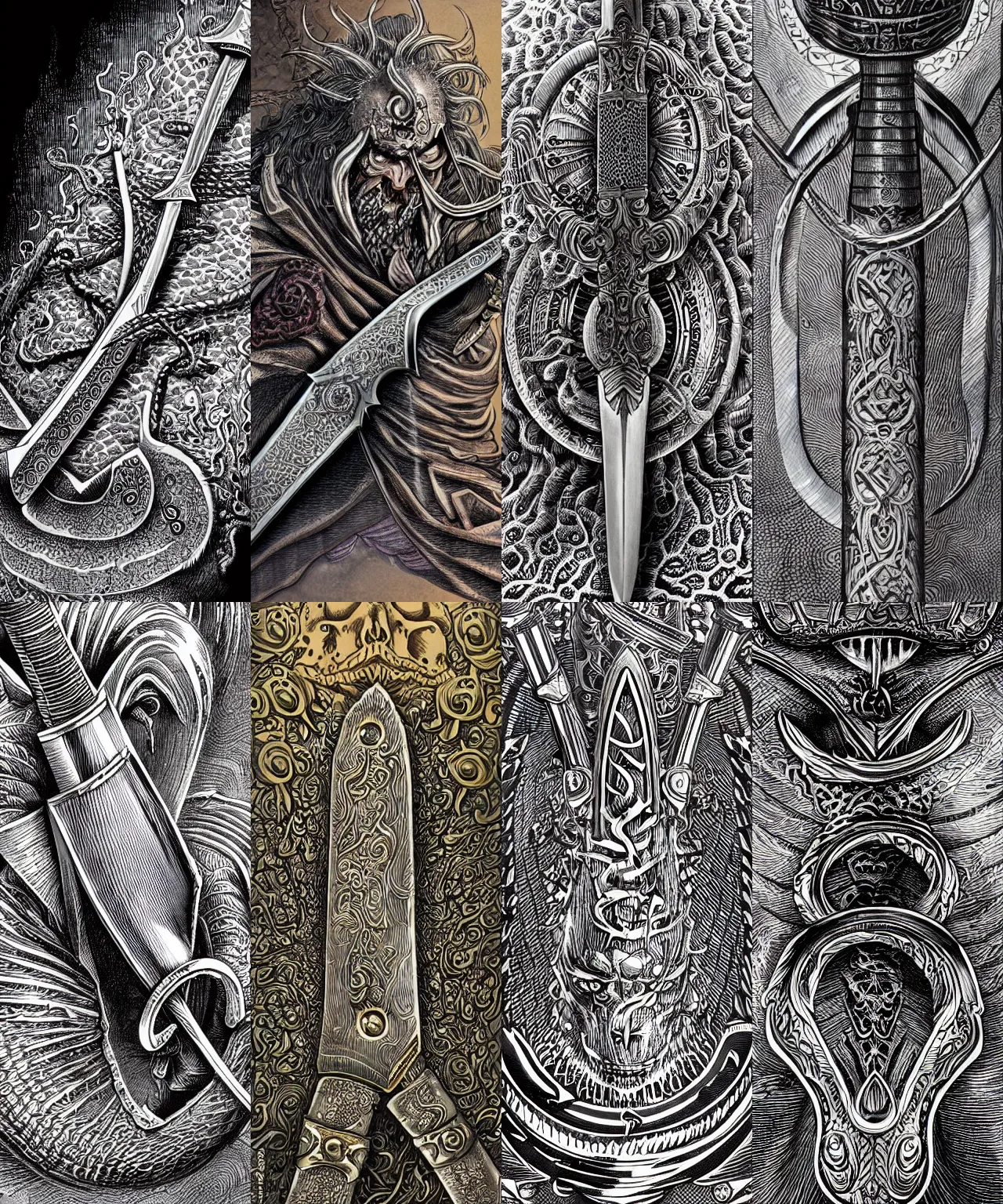 Prompt: highly detailed elden ring illustration of a damascus sword engraved with symbols, hyperrealistic clean shaped illustration by ric estrada, ron english and eiichiro oda