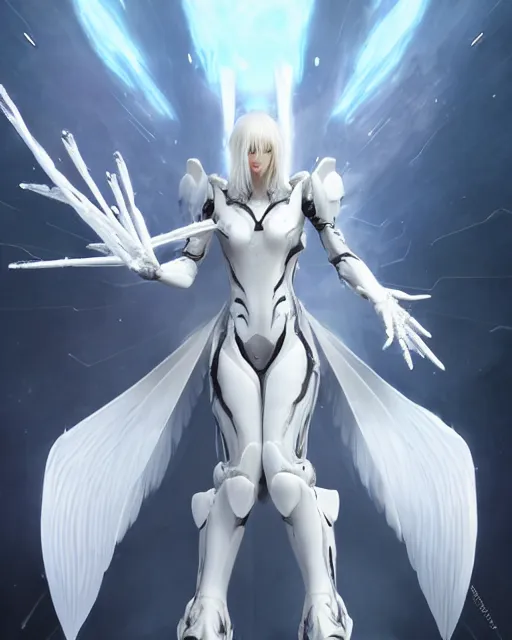 Prompt: perfect white haired alien being with huge white dove wings, warframe armor, beautiful, symmetric, dreamy, half asian, pretty face, blue eyes, detailed, scifi platform, laboratory, experiment, 4 k, ultra realistic, epic lighting, android body, illuminated, cinematic, masterpiece, art by akihito tsukushi, akihiko yoshida, voidstar