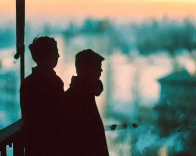 Image similar to lomo photo of pair standing on small hrushevka balcony full with cigarette smoke in small russian town at sunset, cinestill, bokeh