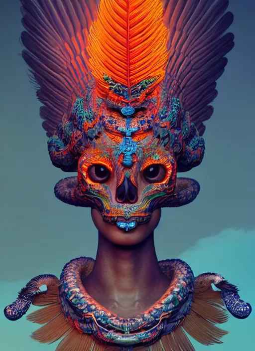 Image similar to a wlop 3 d portrait of a goddess, 8 k micro details beautiful intricate highly detailed quetzalcoatl skull and feathers. bioluminescent, fire, snow, thunderstorm! artwork by tooth wu and wlop and beeple and greg rutkowski, trending on artstation,