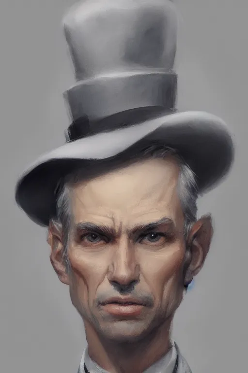 Prompt: a grey hair halfling stubble tophat and suit by Greg Rutkowski, painting, portrait, HD, high details, trending on artstation