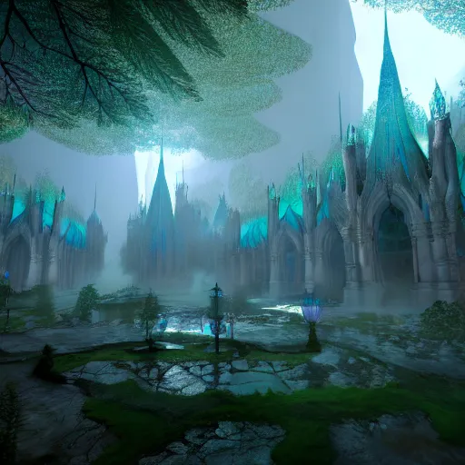 Image similar to inside a ethereal magical elven city, 8k, HDR, award-winning, trending on, artstation, smooth, sharp focus, super resolution, cinematic, volumetric lighting, unreal engine 5