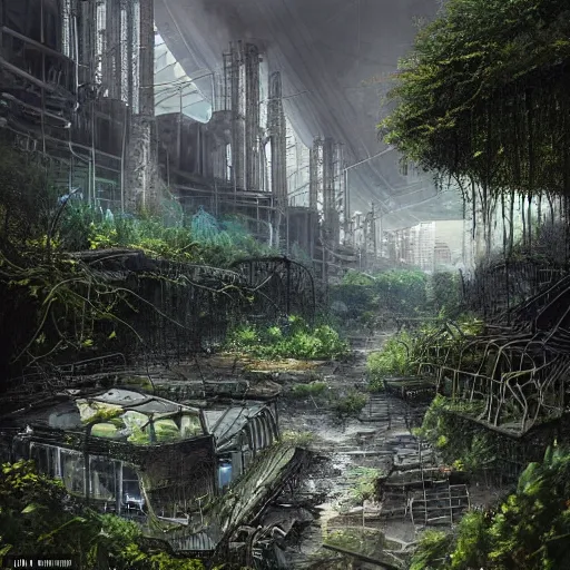 Prompt: lost beautiful overgrown city and polluted industrial city separated by river futuristic doomsday