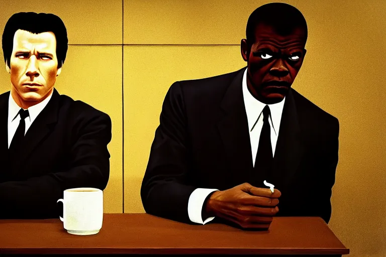 Prompt: painting pulp fiction movie highly detailed full - body samuel l jackson and john travolta posing in cafe, perfect symmetrical eyes, by david lynch, twin peaks style, 8 k resolution, digital art, hyper realistic