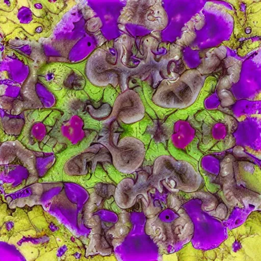 Prompt: a complex, elaborate organism descended from a segmented hydrazoan with six limbs and trilateral symmetry that occupies a fungus rich low gravity alien landscape with violet accented chemosynthetic flora, photorealistic graphic 3 5 mm lens