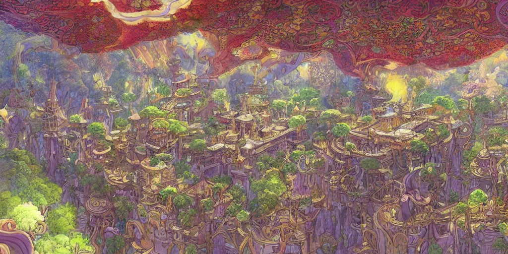 Image similar to beautifully detailed painting of a dreamy psychedelic Palace by studio ghibli , moebius, FFXIV environment design