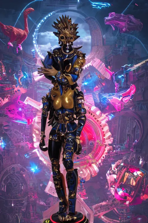 Image similar to full-body rococo and cyberpunk style sculpture of a young handsome Spanish prince half android with a chest exposing a glowing orange gem, glowing pink laser eyes, crown of blue gears and giant diamonds, swirling salmon-colored silk fabric, robotic raptors dinosaurs. baroque elements. full-length view. intricate artwork by caravaggio. Trending on artstation, octane render, cinematic lighting from the right, hyper realism, octane render, 8k, depth of field, 3D