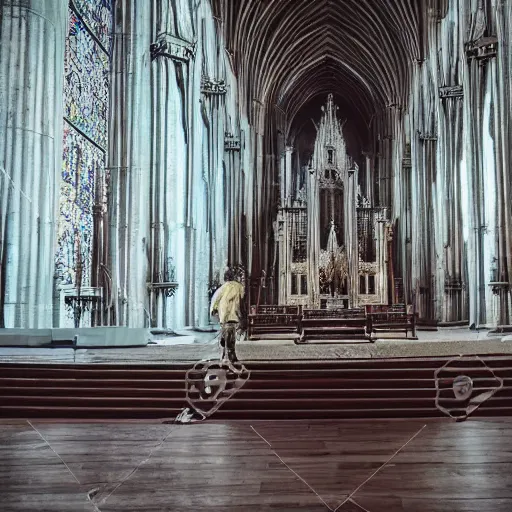 Image similar to man in large throne room of grand cathedral, sitting alone with sword, shadows, fantasy, wallpaper