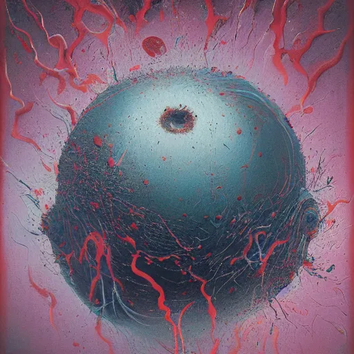 Image similar to a sphere being devoured by abstract splatters of white paint in the style of francis bacon, face being engulfed in flames in the style of james jean, surreal, beksinski, high detailed