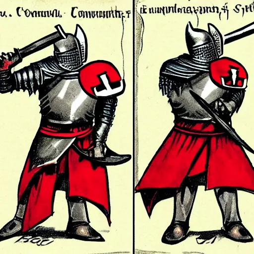 Image similar to of a dumb crusader knight that is the anti comunism crusader character, full plate, totally mad and yelling, shoutting using a megaphone, full plate, sword, shield, character sheet explaining his items and weapons,,