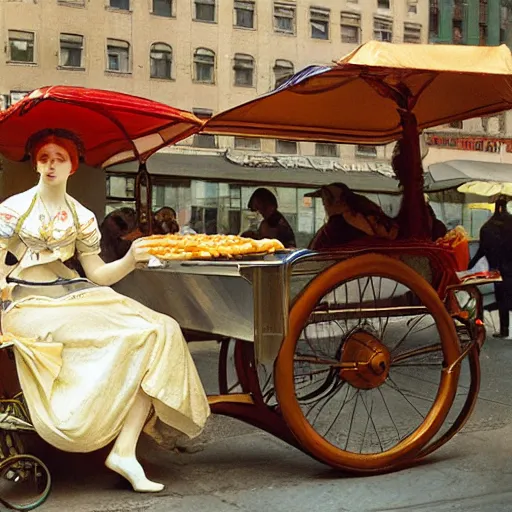 Image similar to a Hot-Dog-Cart selling in new york city art by alphonse mucha and Monia Merlo and Raymond Swanland