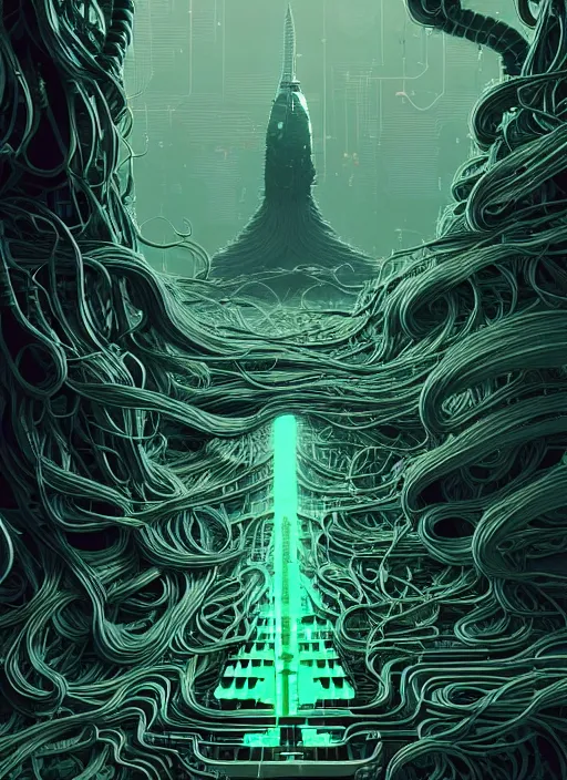 Image similar to highly detailed portrait of a biopunk long curly white hair tribal lady, stray wiring by atey ghailan, james gilleard, by joe fenton, by greg rutkowski, by greg tocchini, by kaethe butcher, 4 k resolution, gradient green, black and white color scheme!!! ( ( irradiated robotic spire landscape background ) )