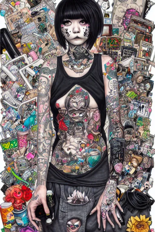 Prompt: full view, from a distance, of anthropomorphic trashcan punk with tattoos, full of trash, style of yoshii chie and hikari shimoda and martine johanna, highly detailed