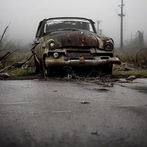 Image similar to apocalyptic, ruined town, abandoned streets, littered, mutated wildlife, decrepit homes and sheds on the side of the road, slowly being reclaimed by nature. rusted vintage cars. fog, dew, rain, volumetric lighting, beautiful, summer morning dew, sharp focus, ultra detailed, kodachrome, cgsociety - w 1 0 2 4 - n 8 - i