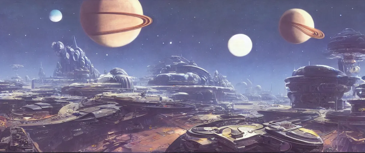 Prompt: a futuristic retro futurism solarpunk space city on a moon orbiting a gas giant by robert mccall and john berkey | ralph mcquarrie :. 5 | unreal engine :. 3