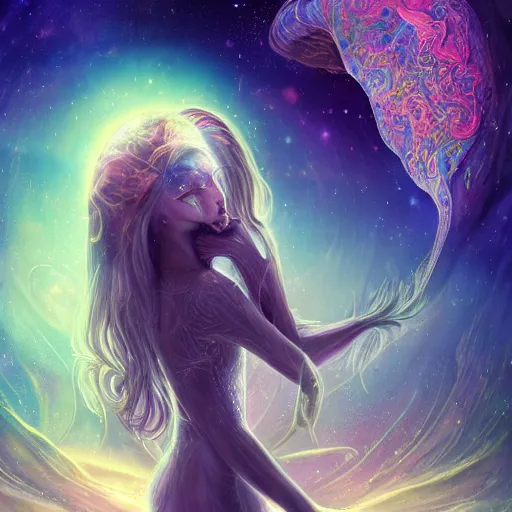 Prompt: somewhere in the cosmos we shall meet beautiful magical details and accents, astral cosmic illustration, by pablo amaringo, amazing background, cinematic lighting, colorful textured detail, wonderland storybook illustration, sharp images, 3 - d 8 k, high resolution, in the style of anne stokes, giger, adi granov, elena masci, pawel rebisz