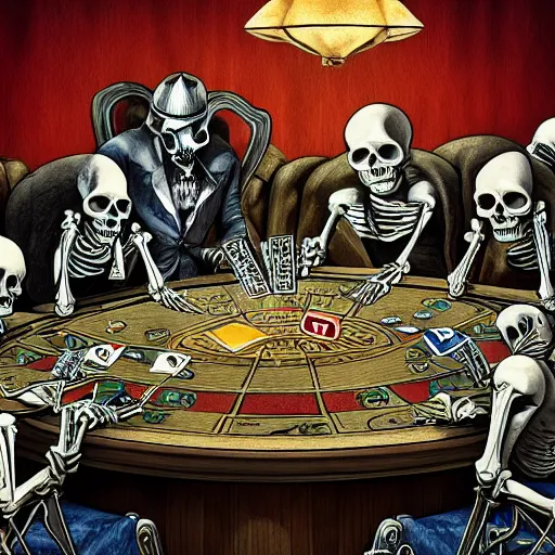 Image similar to a group mafia of skeletons playing cards, gambling, drinking alcohol and smoking around a round table, decade 20s, old film, digital fantasy art, trending in deviantart, hyperdetailed, high quality, cinematic