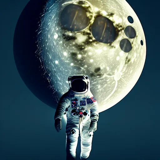 Image similar to an astronaut from the 60s with a tether floating towards the moon, science fiction industrial hard science concept art, 8K render octane high definition cgsociety