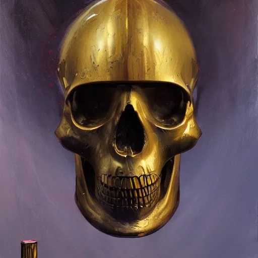 Prompt: three quarter view of a knights helmet gold skull face mask by donato giancola and greg rutkowski, vintage retro scifi, realistic face, digital art, trending on artstation