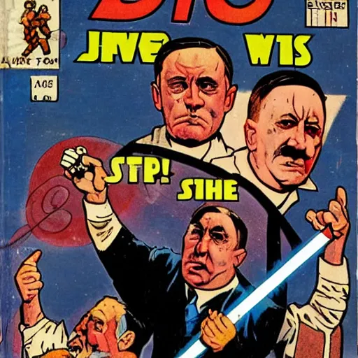 Image similar to comic book of angry jews with lightsabers and adolf hitler accurate eyes high detail