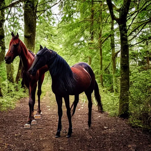 Prompt: two dead horses blocking the path in the woods. each horse has several black - feathered arrows sticking out of it. photo, 4 k