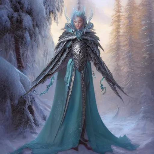 Image similar to an epic concept art of a handsome snow elf in a turquoise cape and glittering silver ornate armour stringing a bow, albino skin, winter vibes, evocative dramatic mood, intricate, elegant, by tomasz alen kopera, sharp focus, octane render, unreal 5, trending on artstation