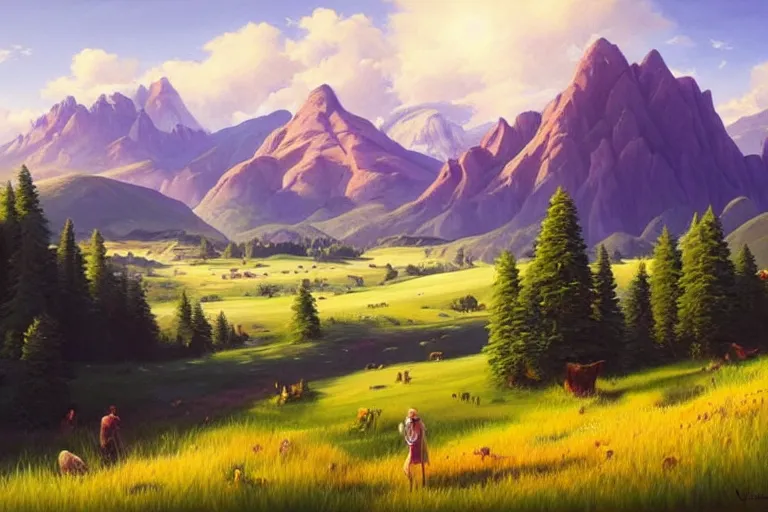 Image similar to landscape painting of meadows with mountainrange in background, nature, summer, fine details, magali villeneuve, artgerm, rutkowski