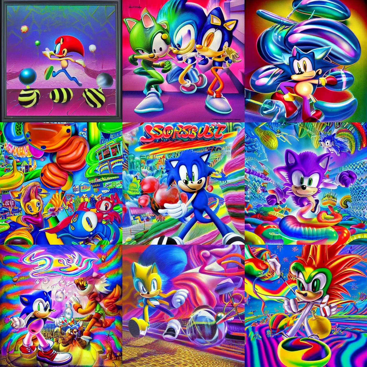 Prompt: surreal, sharp, detailed professional, soft pastels, high quality airbrush art album cover of a liquid bubbles airbrush art lsd taffy dmt sonic the hedgehog dashing through cotton candy, iridescent checkerboard background, 1 9 9 0 s 1 9 9 2 sega genesis rareware video game album cover