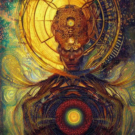 Prompt: Divine Chaos Engine portrait by Karol Bak, Jean Deville, Gustav Klimt, and Vincent Van Gogh, celestial, sacred geometry, visionary, fractal structures, ornate realistic gilded medieval icon, spirals, mystical