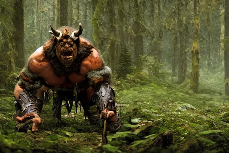 Image similar to vfx movie closeup detailed ancient warrior orc hunting elk in the forest, natural lighting by emmanuel lubezki