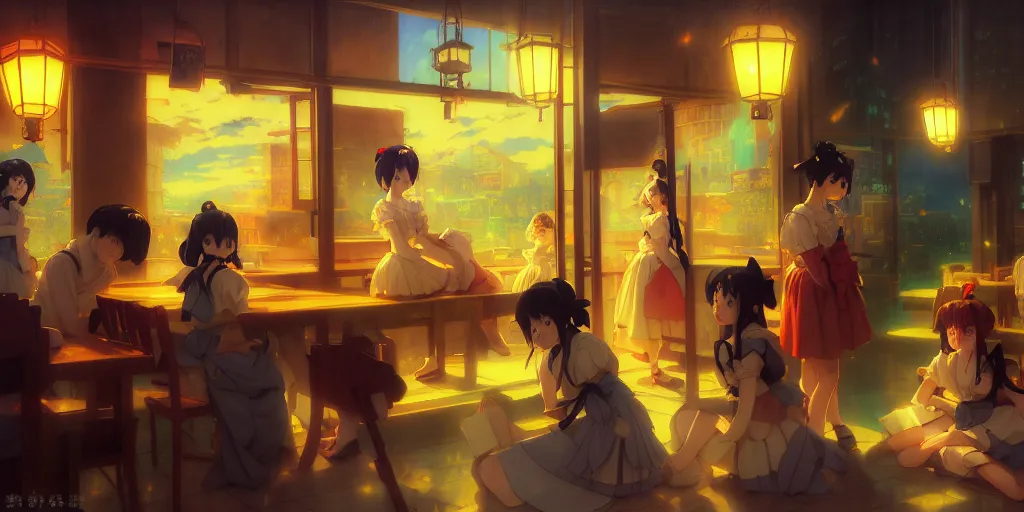 Image similar to baroque oil painting of key visual environment concept art of anime maid cafe in modern japan, brutalist, dark fantasy, rule of thirds golden ratio, fake detail, trending pixiv fanbox, acrylic palette knife, style of makoto shinkai studio ghibli genshin impact jamie wyeth james gilleard greg rutkowski chiho aoshima