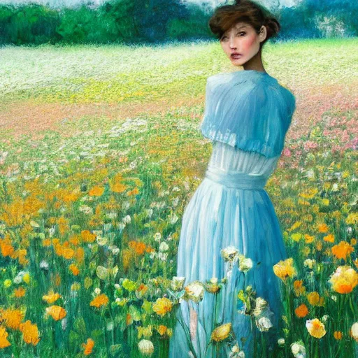 Image similar to a vogue model in a flower field, oil painting, pale colors, high detail, 8 k, wide angle, trending on artstation,