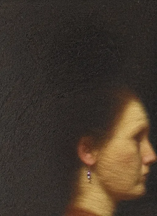 Prompt: a woman's face in profile, made of strands of yarn, in the style of the dutch masters and gregory crewdson, dark and moody