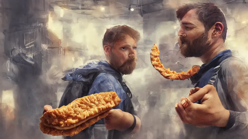 Image similar to ''homelander from the boys eating empanada, digital paintting, ultra realistic, very detailed, cinematic shot, concept art, high quality, 8 k''