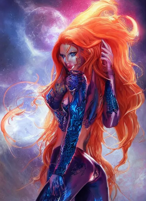 Image similar to front portrait hands behind body pose of attractive Starfire with ginger wavy hair, hands behind her body pose!, Intricate overlay flames imagery , D&D!, fantasy style, sharp focus!, ultra detailed, art by Artgerm and Peter Andrew Jones, WLUP