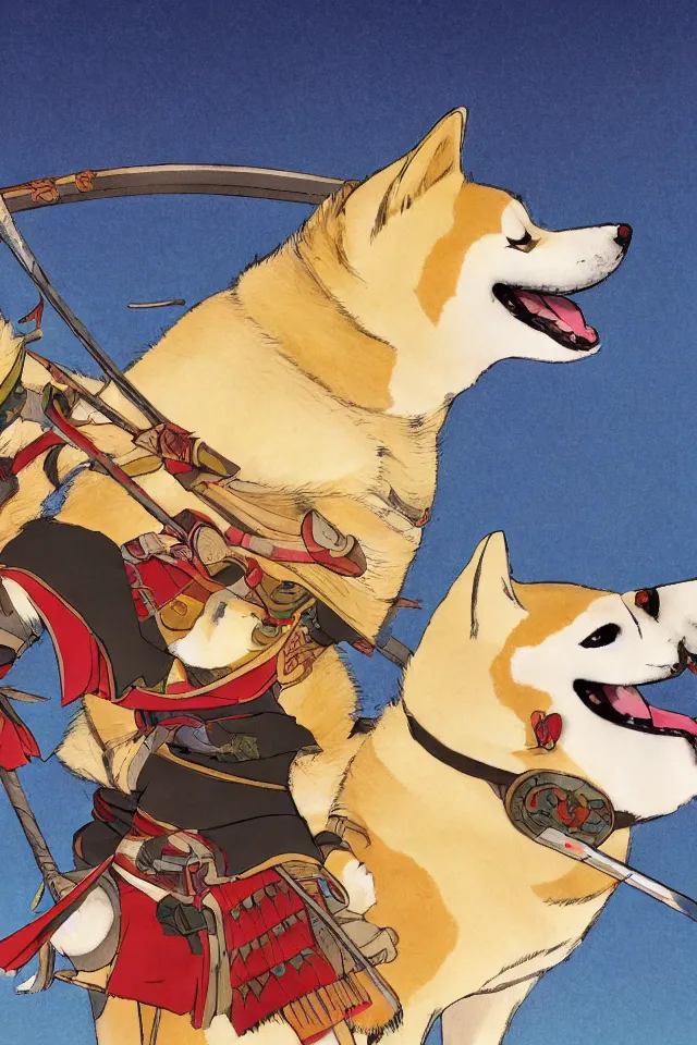 Prompt: a portrait of shiba inus as samurai and warriors, in the art style of studio ghibli, miyao hayazaki, artistic 4 k