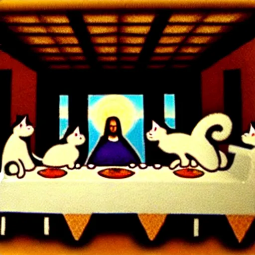 Image similar to the last supper but instead it's cats
