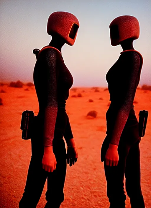 Image similar to cinestill 5 0 d photographic portrait by steve mccurry of two loving female androids wearing rugged black mesh techwear on a desolate plain with a red sky, extreme closeup, cyberpunk style, dust storm, 8 k, hd, high resolution, 3 5 mm, f / 3 2, ultra realistic faces, ex machina, blade runner