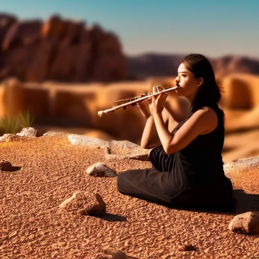 Prompt: a female playing flute whilst sitting on a rock in the desert. cinematic 8 k, depth of field, bokeh.