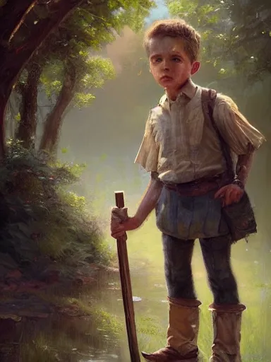 Image similar to a handsome lad, holding a adorned cane. walking in a rural area. intricate, elegant, highly detailed, digital painting, artstation, concept art, sharp focus, illustration, by justin gerard and artgerm, 8 k