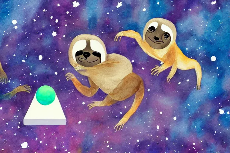 Prompt: a sloth and a llama playing ping pong in space, water color