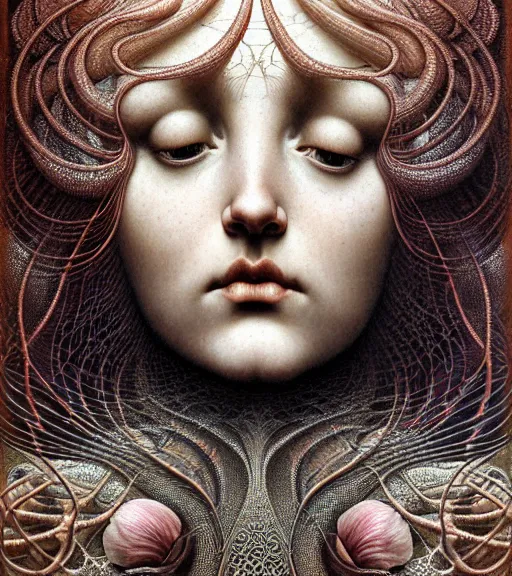 Image similar to detailed realistic beautiful almandine goddess face portrait by jean delville, gustave dore, iris van herpen and marco mazzoni, art forms of nature by ernst haeckel, art nouveau, symbolist, visionary, gothic, neo - gothic, pre - raphaelite, fractal lace, intricate alien botanicals, biodiversity, surreality, hyperdetailed ultrasharp octane render