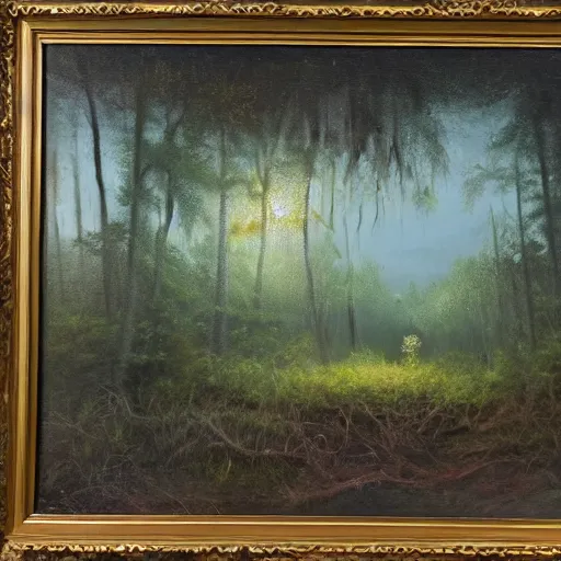 Image similar to will o'the wisp floating in the air over a clearing in the forest surrounding a swamp, evening, highly detailed, oil painting