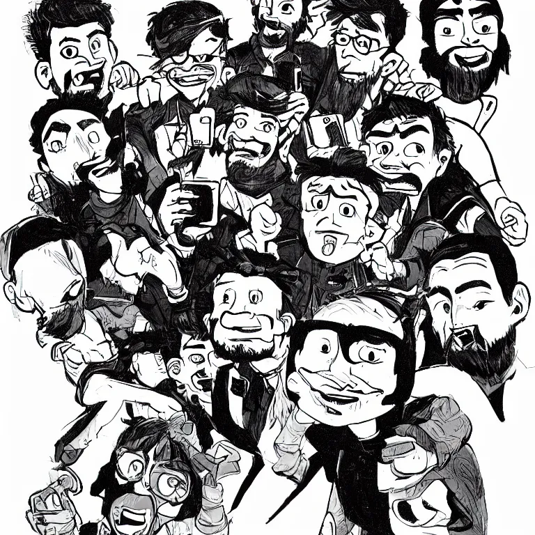 Prompt: a detailed illustration of a small group of men posing for a selfie by jamie hewlett and timothy kong, trending on artstation