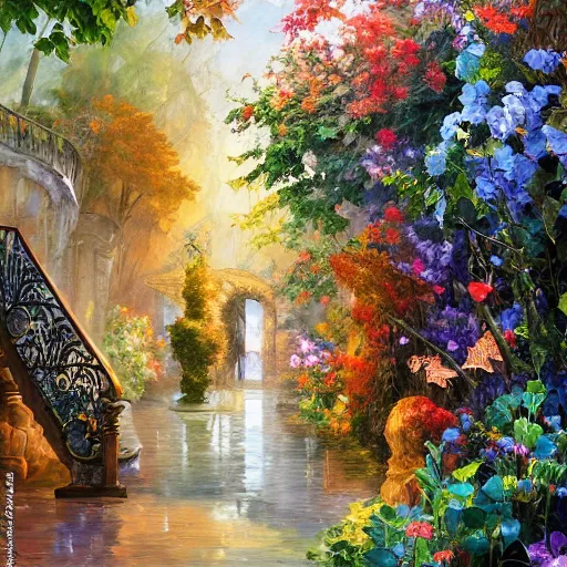 Prompt: mansion overgrowth walkway rich intricate details hyper realism vibrant colors 8 k by james christensen, andreas franke, leonid afremov, arthur adams, rhads