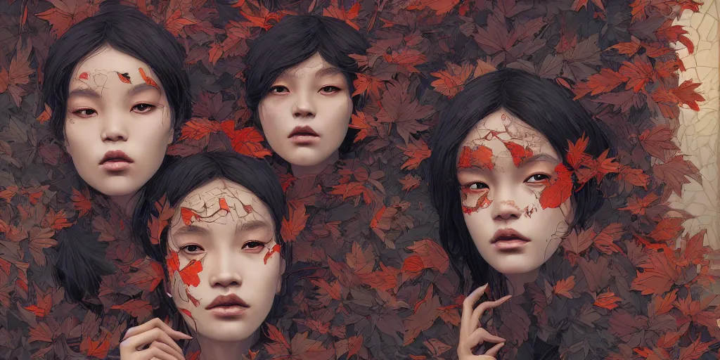 Prompt: breathtaking detailed concept art painting pattern of black faces goddesses amalgamation autumn leaves with anxious piercing eyes, by hsiao - ron cheng and james jean, bizarre compositions, exquisite detail, extremely moody lighting, 8 k