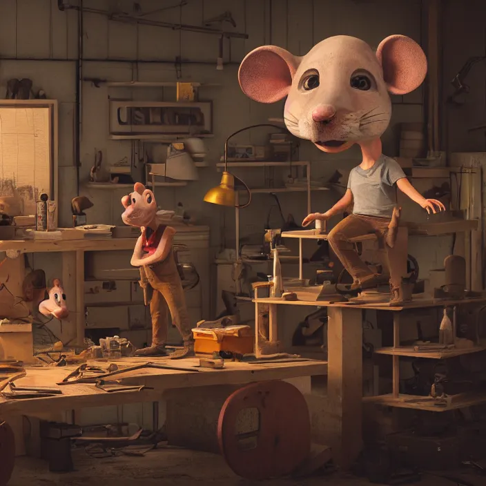 Prompt: crew of workers building giant mouse - movie prop - head in quaint workshop, octane render, 4 k ultra hd, hyper - detailed, realistic, seedy lighting, sharp focus, in style of beeple